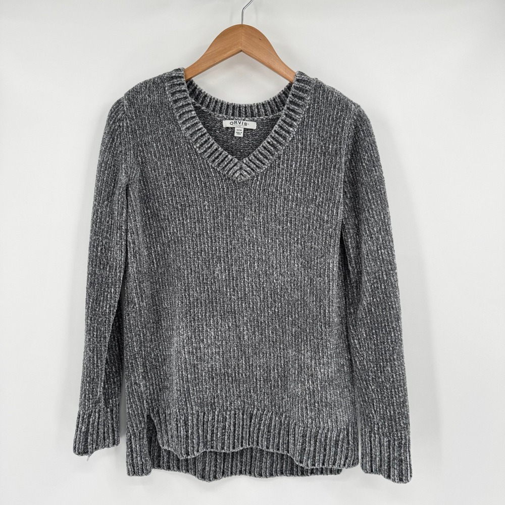 Orvis Women's Gray Chenille V-Neck Long Sleeve Soft Knit Sweater Size S